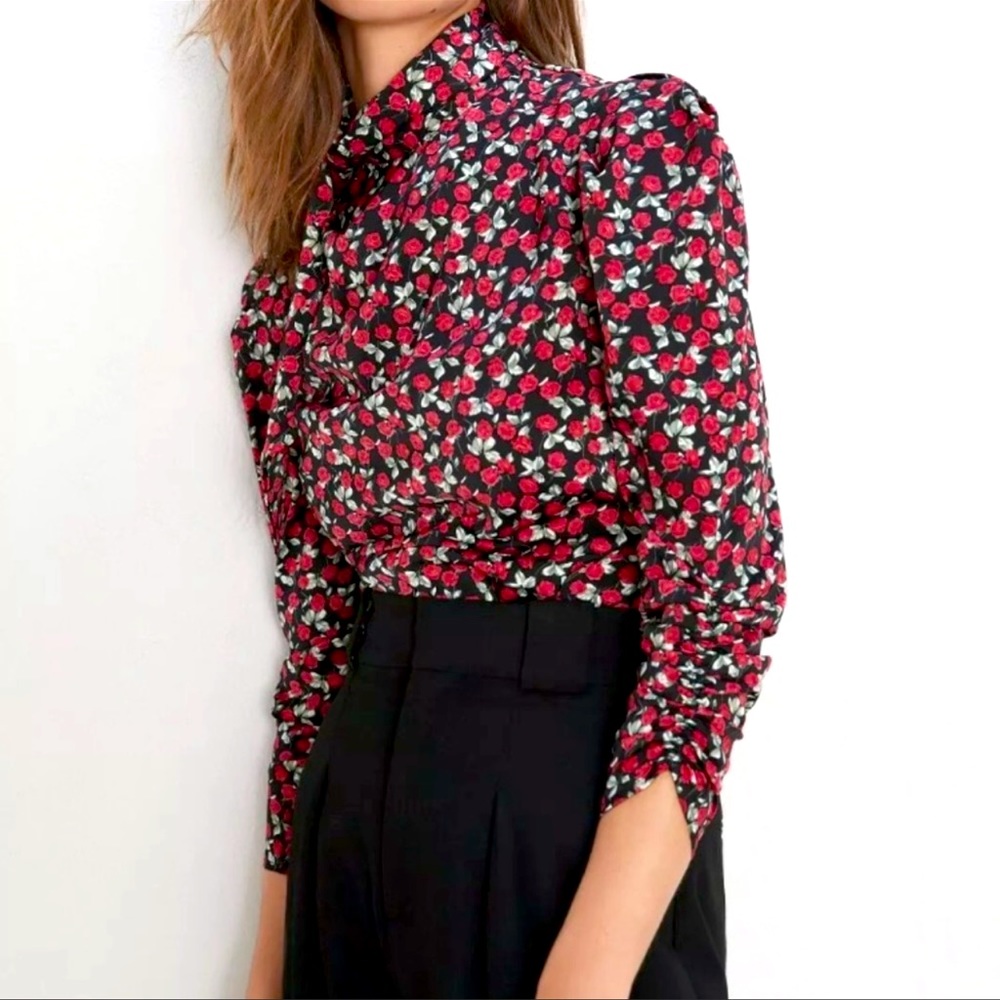 Zara Rose Floral Printed Tie Neck Ruched Sleeves Top